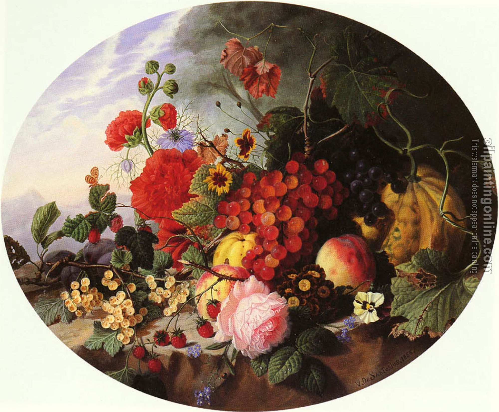 Virginie de Sartorius - Still Life With Fruit And Flowers On A Rocky Ledge